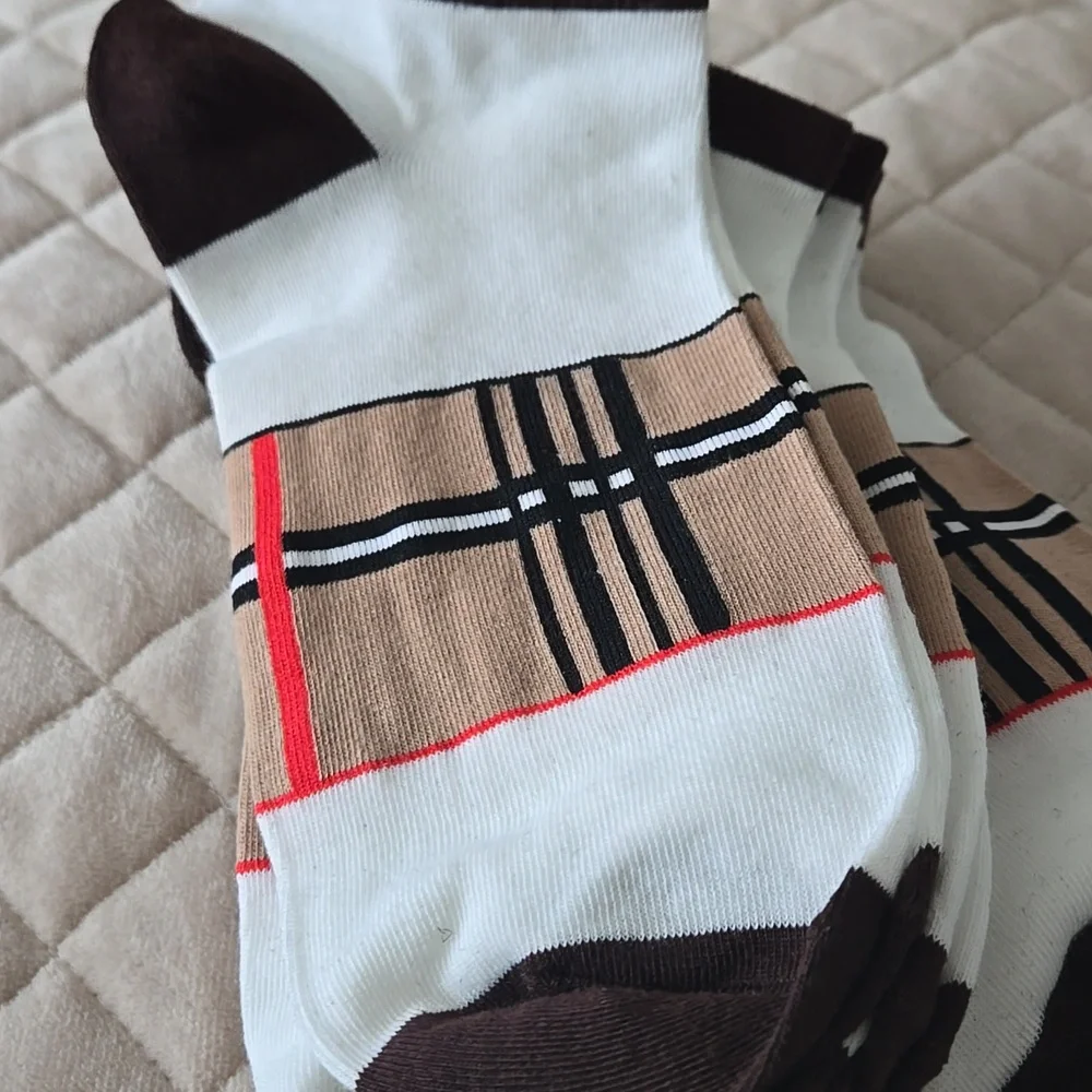 Unisex Designer Inspired Brown Toe Iconic Black Tan White Check  Socks 3pr New
